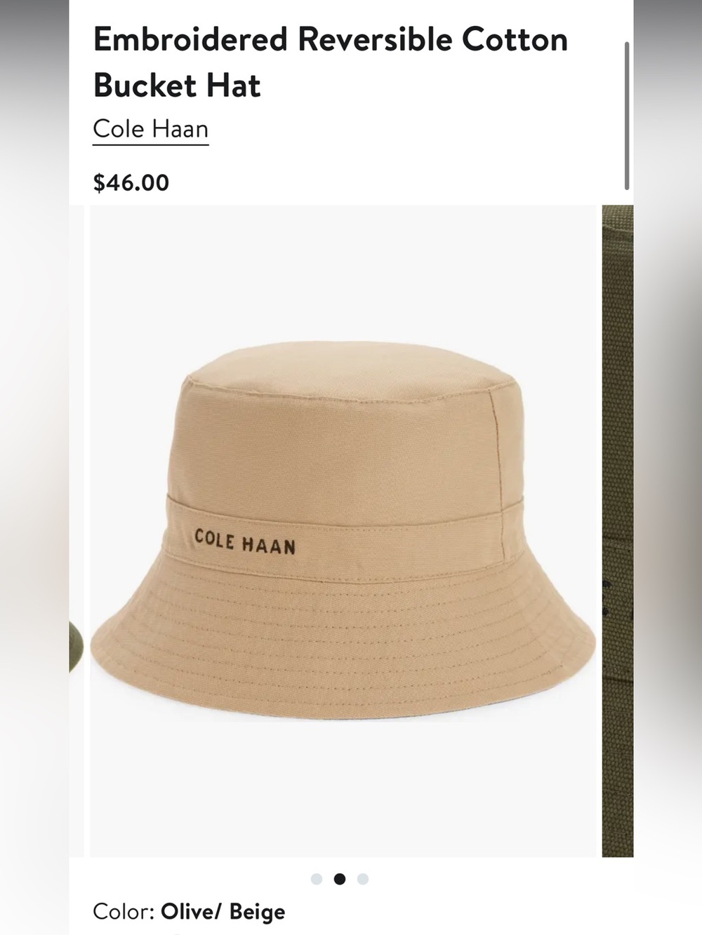 Cole Haan Khaki/Olive Green Cotton Bucket Hat